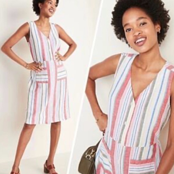 Old Navy Linen Striped Button Shirt Dress Medium Coastal Beach Cottagcore Praire - Picture 1 of 8